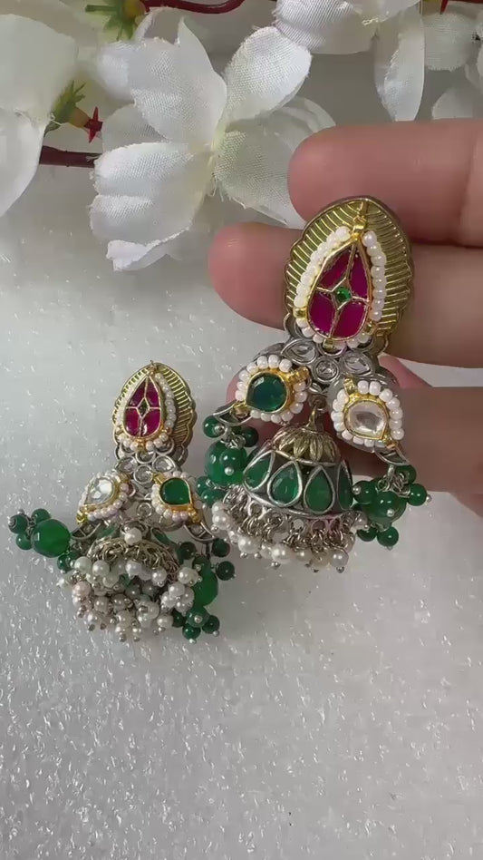 Grand Kundan & Pearl Jhumka Earrings with Emerald Green Beads | Traditional Indian Jewelry