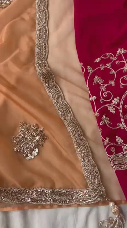 Aarohi Sunehri Tissue Saree | Peach Orange Tissue Saree with Pearl, Sequins & Coding Work and Contrast Silk Blouse