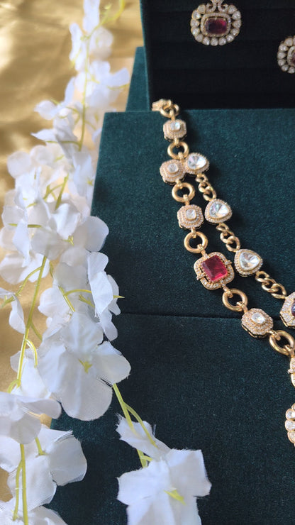 Mahira Victorian Maharani Polki Moissanite Ruby Chain Necklace Set Bridal Festive | Premium Indian Jewellery