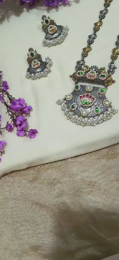 Rajatdhara German Silver Fusion Haar | German Silver Fusion Long Necklace with Earrings | Traditional Indian Ethnic Jewellery
