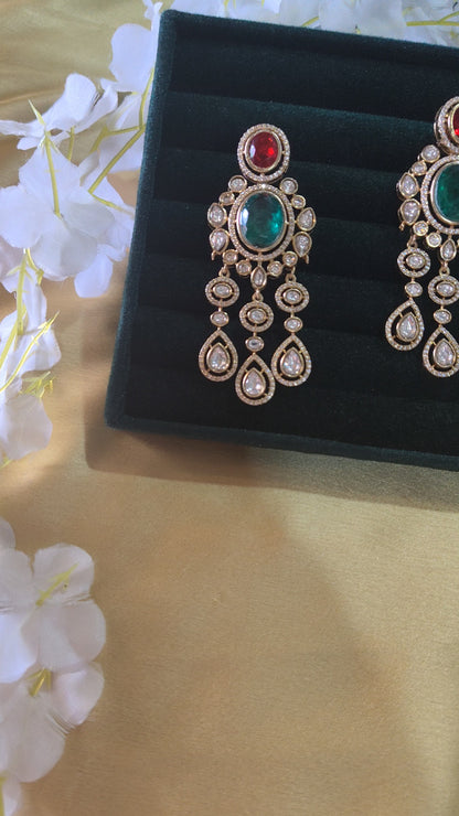 Aabira Polki Kundan Emerald Ruby Statement Drop Earrings Bridal Wedding Jewellery | Premium Indian Jewellery