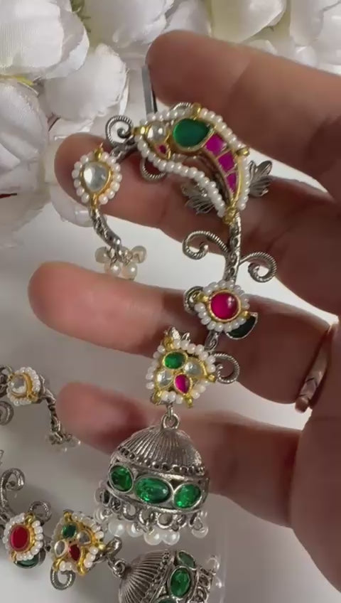 Rajsi Mayur Pachi Kundan Fusion SLA Ear Cuff Earrings with Pearl Jhumkas | Designer Peacock Ear Cuffs for Women