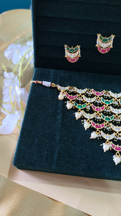 Meherza Raktika Veni Kundan Polki Multicolor Choker Necklace Set Festive Wedding Jewellery | Premium Indian Jewellery