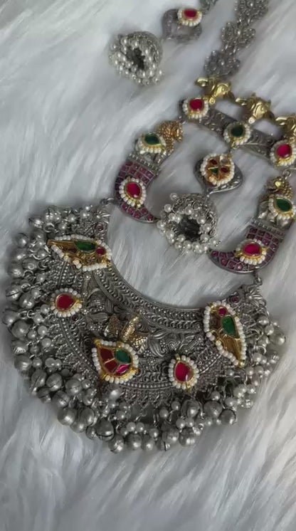 Nandiviraat Pachi Kundan Heritage Statement Set | Long Dual Tone Nandi Kundan Necklace Set with Jhumka Earrings | Brass Base SLA Jewellery