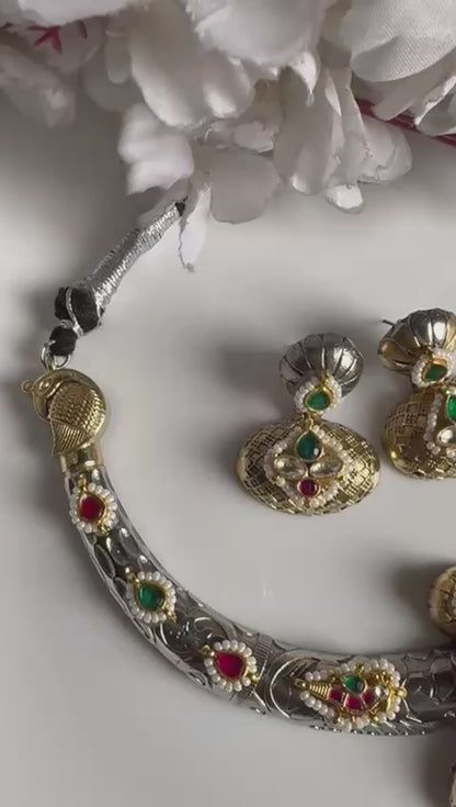 Hemambara Kundan Fusion Dual Tone Hasli Necklace Set with Earrings | Silver Look Alike Brass Choker Jewellery