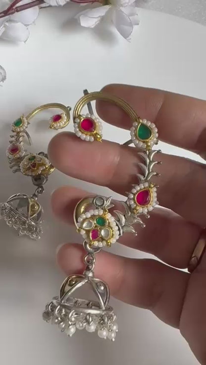 Rajsi Pachi Kundan Fusion SLA Ear Cuff Earrings | Pearl Jhumka Statement Ear Cuffs for Women