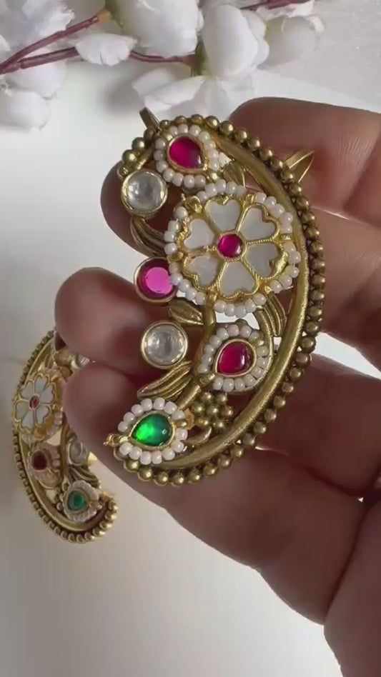 Hiranmayi Pachi Kundan Gold Ear Cuffs | Pachi Kundan Fusion Gold Stone Ear Cuffs | Traditional Indian Statement Ear Jewellery