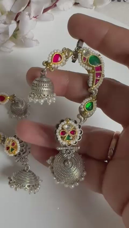 Rajmayur Dual Tone Pachi Kundan Fusion SLA Ear Cuff Earrings with Pearl Jhumkas | Statement Bridal Ear Cuffs for Women