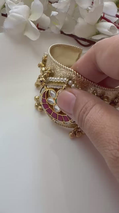 Broad Gold Kundan Handcuff with Ghungroos - Meenakari Kada