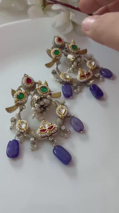 Alankrent NeelTarang Temple Hoop Danglers – Dual-Tone Kundan Earrings with Blue Stones & Pearls