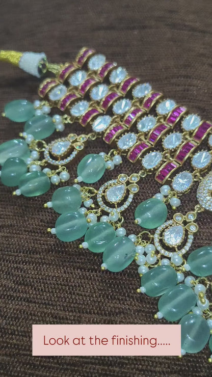 Polki Moissanite Choker Necklace Set with CZ Diamonds Green Bridal Jewellery Alankrent