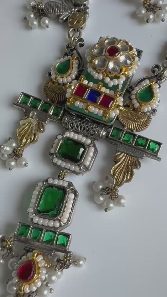 Suvarnarekha Dvayvarna Kundan Necklace Set | Dual Tone SLA Long Kundan Fusion Necklace with Earrings | Premium Traditional Indian Jewellery