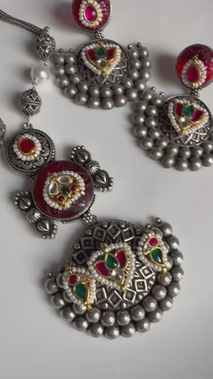 Vamika Rangoli Long German Silver Look Necklace Set with Kundan Fusion and Earrings