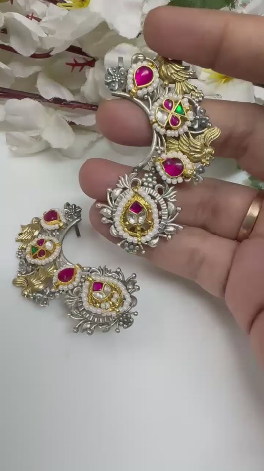 Dual-Tone Kundan Fusion Silver Lookalike Earcuffs