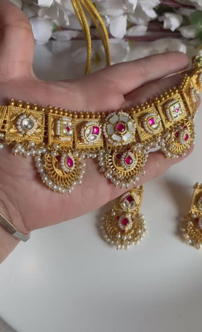 Gold Matt Polish Reimagine Antique Kundan Fusion Necklace with Earrings | Firoza Beads & Pearl Detailing