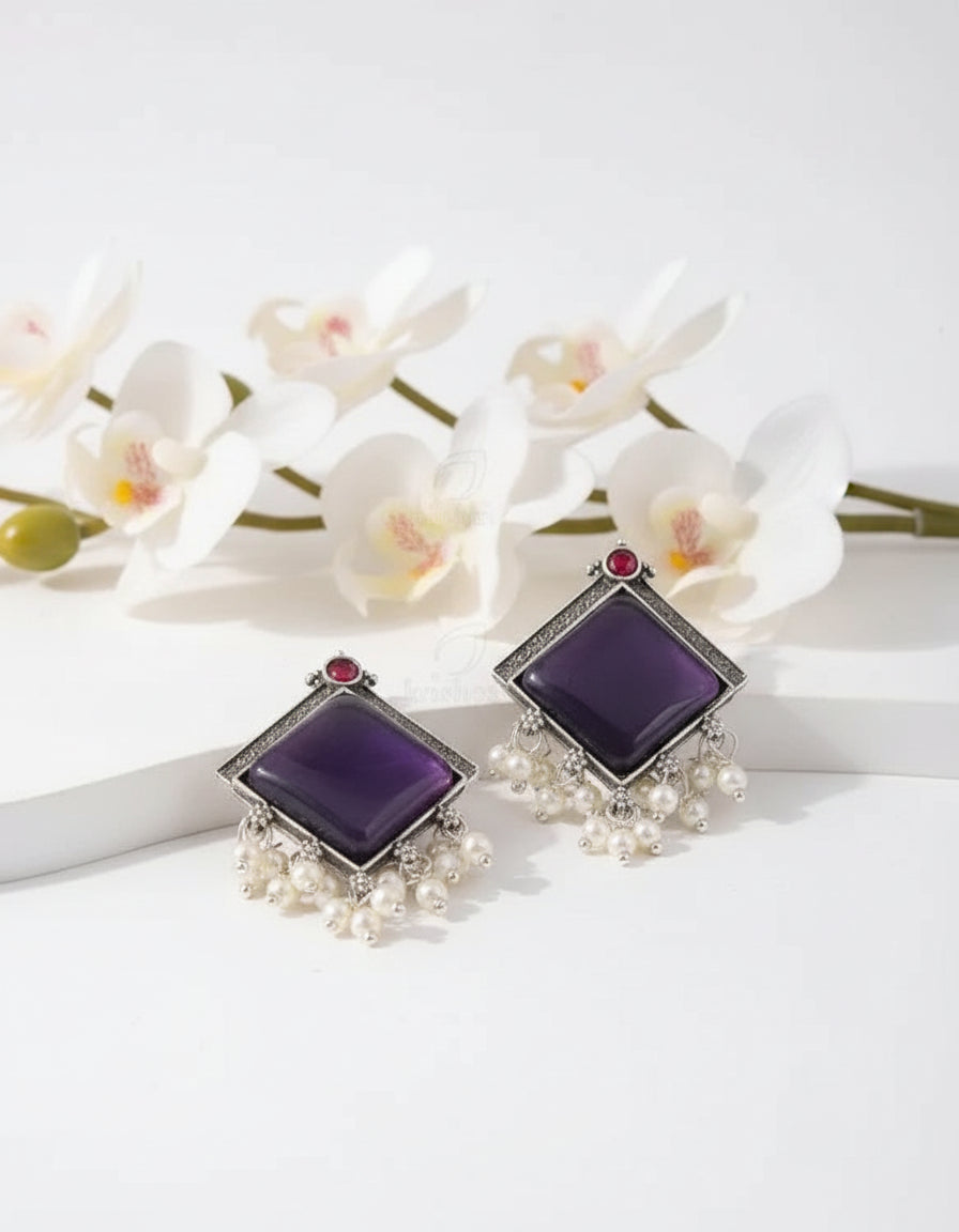 Alankrent Antique Silver Square Stone Pearl Drop Earrings – Available in 5 Elegant Colour Variants - Alankrent Luxe