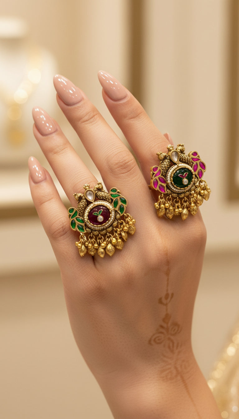 Gold rings with gemstones on a hand against a blurred background