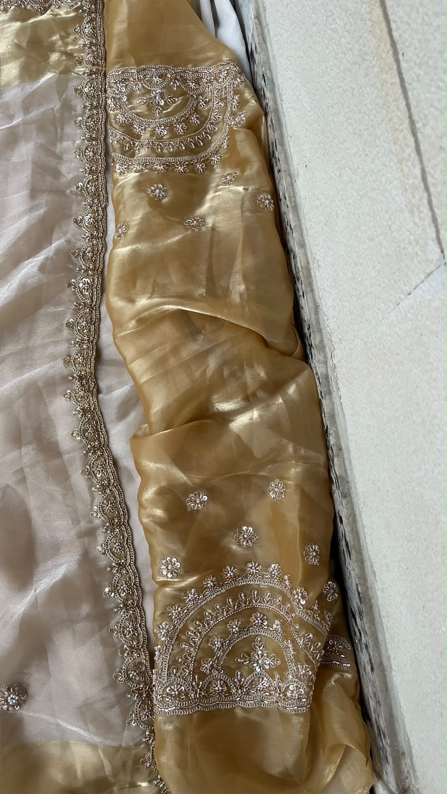 Aurelia Noor Champagne Gold Tissue Lycra Saree with Dual Tone Coding Work & Designer Border