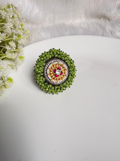 Vasudha Kundan Fusion Adjustable Ring | Colourful Crystal Statement Ring