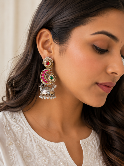 Chandrima Dual Tone Fusion Pachi Kundan Chandbali Jhumka Earrings | Premium Brass Dual Tone Pearl Jhumkas | Alankrent Luxe