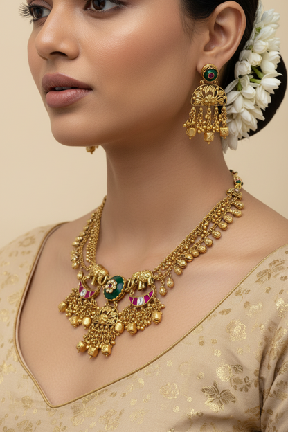 Temple Elephant Motif Gold Look Choker Set with Pink & Green Meenakari – Traditional Festive Jewellery - Alankrent Luxe