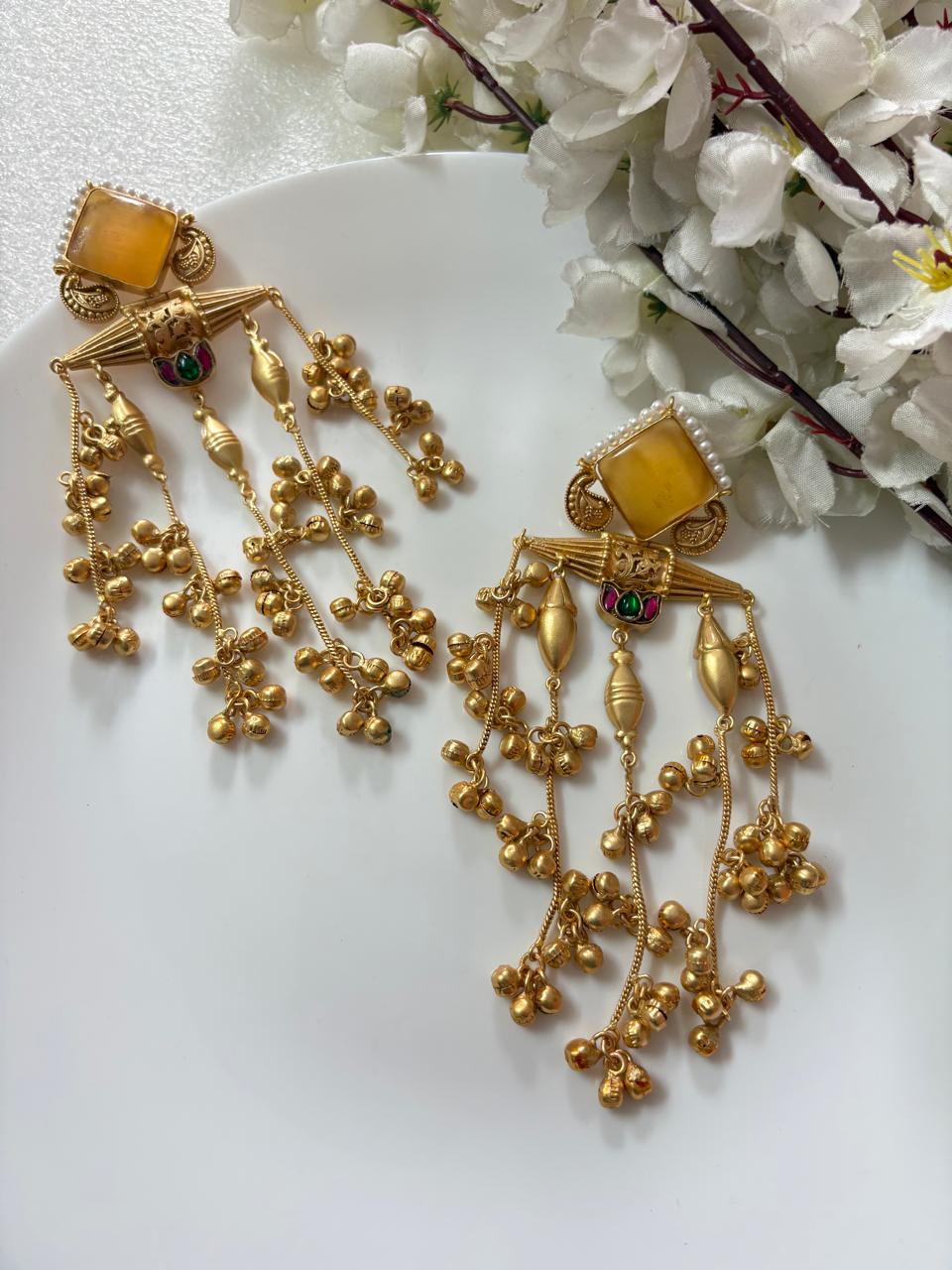 Heritage Kundan Long Dangler Earrings | Gold Matte Finish | Brass Base with Stone Tops & Ghungroo Detailing – Available in Green, White & Yellow