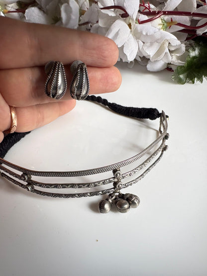 Ragini Antique Silver Layered Ghungroo Choker Necklace | Adjustable Ethnic Statement Necklace