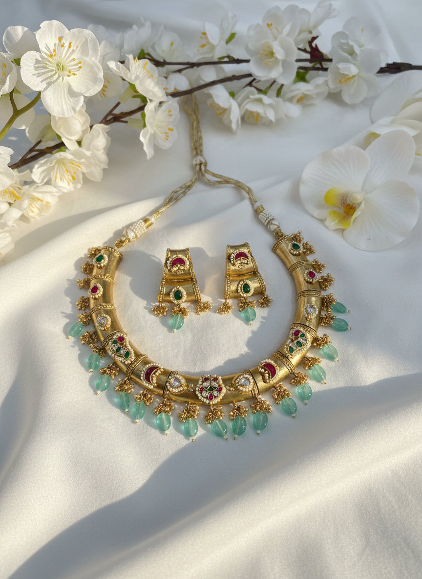 Kundan Gold Matte Necklace Set with Earrings | Brass Base Silver Look Alike Polish | Sea Green & Dusky Pink – Limited Edition