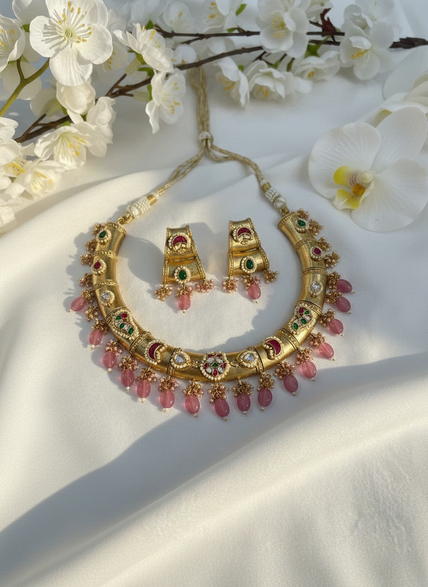 Kundan Gold Matte Necklace Set with Earrings | Brass Base Silver Look Alike Polish | Sea Green & Dusky Pink – Limited Edition
