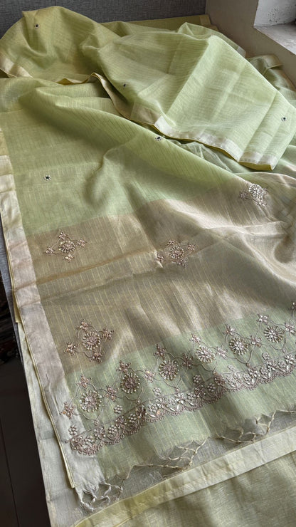 Premium Tissue Silk Banarasi Saree | Handcrafted Zardozi, Gota Patti & Pearl Work