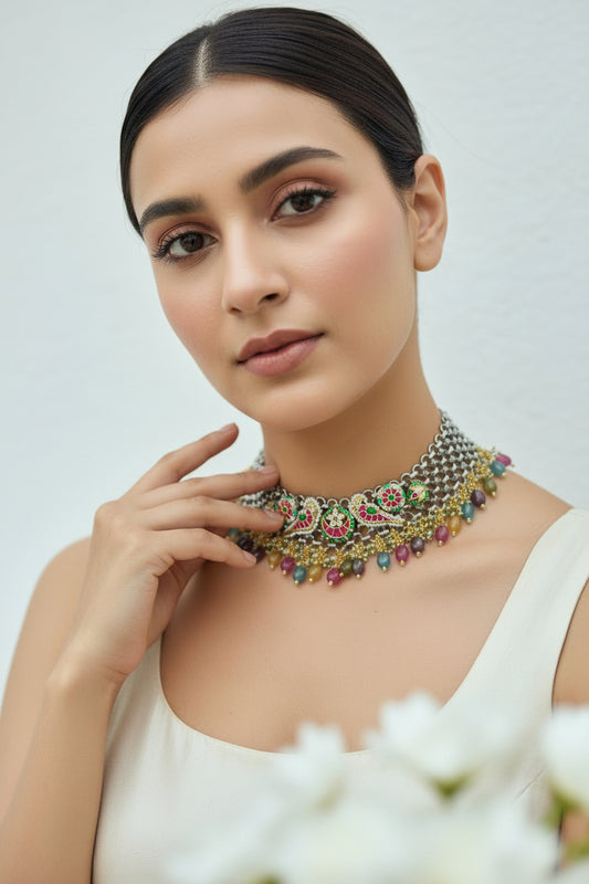 Mayurika German Silver Choker Necklace with Pastel Beads & Kundan Fusion – Premium Statement Traditional Jewellery for Women