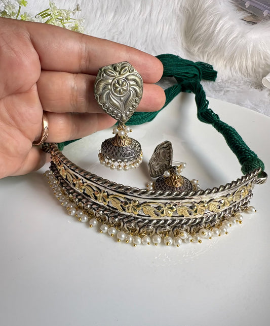 Rajsi Dhara Dualtone Thread Hasli with Pearl Detailing & Earrings | Navratri Jewellery