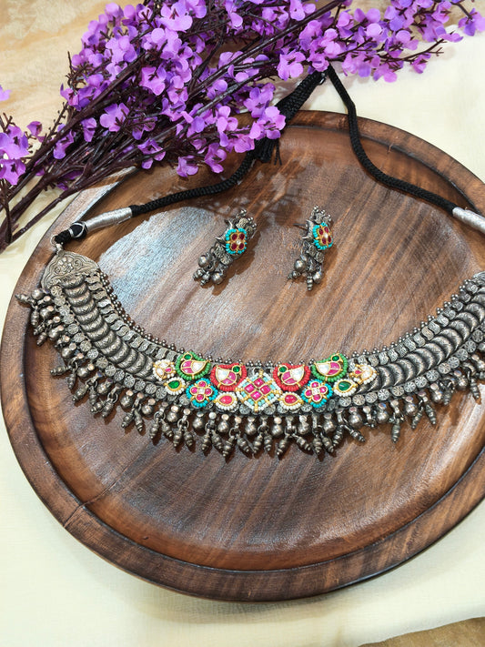 Rajwada German Silver Oxidised Statement Choker Necklace Set with Multicolour Stones and Earrings