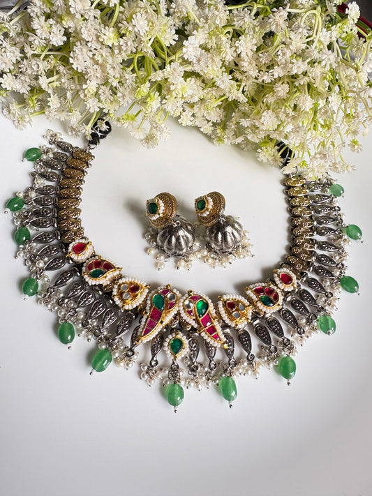 Ishani Kundan Fusion Hasli Necklace with Green Crystal Drops | Dual Tone SLA Jewellery