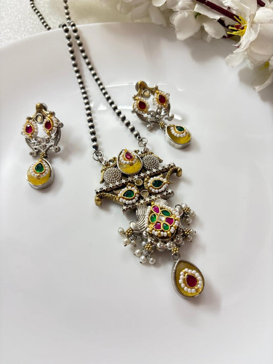 Kalyani Temple Dual Tone SLA Kundan Long Necklace Pendant Set with Earrings & Pearl Drops | Premium Ethnic Jewellery  Ready Stock | Alankrent | AK-TMP-LN05 by Alankrent