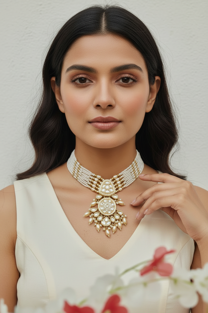 Mrinalini Moissanite Pearl Choker Necklace Set with Matching Earrings | Premium Bridal Jewellery