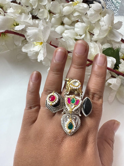 Sacred Nandi Kundan Statement Ring | Temple-Inspired Fusion Jewelry