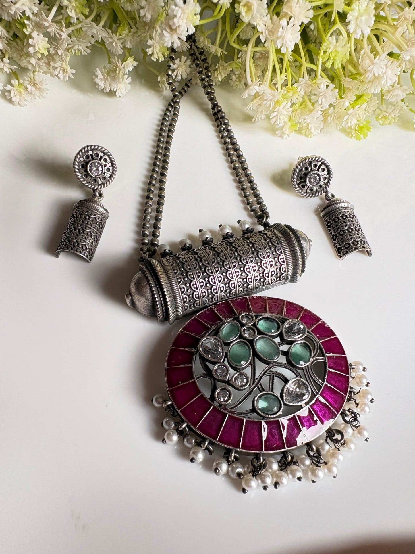 Rajat Vanya Premium SLA Pendant Set with Earrings | Oxidised Silver Look Indian Jewellery