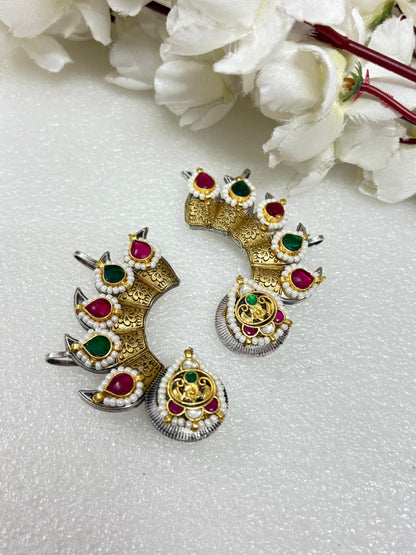 Kundan Fusion Silver look a like Dualtone Earcuffs