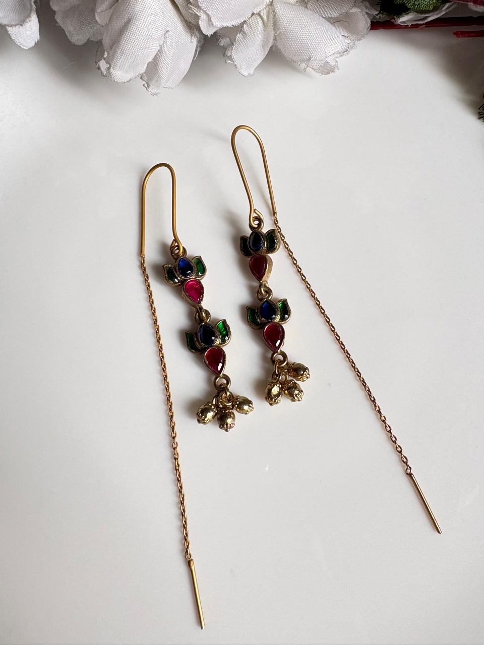 Pushparaga Apala Polish Kundan Sui Dhaga Earrings – Lotus Drop Threader Earrings with Ghungroo for Women