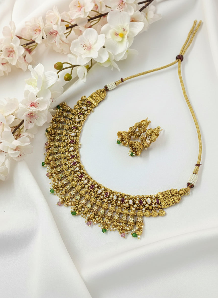 Premium Temple Bridal Necklace Set | Antique Gold Lakshmi Haram with Kundan, Pearls & Handcrafted Jhumki Earrings
