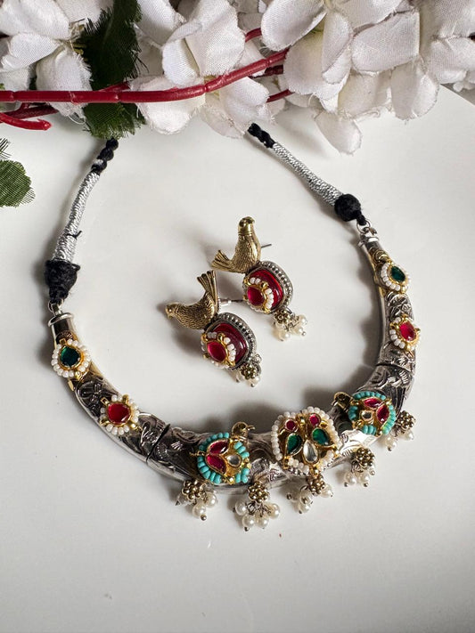 Shukasarika Kundan Fusion Dual Tone SLA Hasli Necklace Set with Earrings | Premium Brass Bird Motif Necklace | Alankrent Luxe