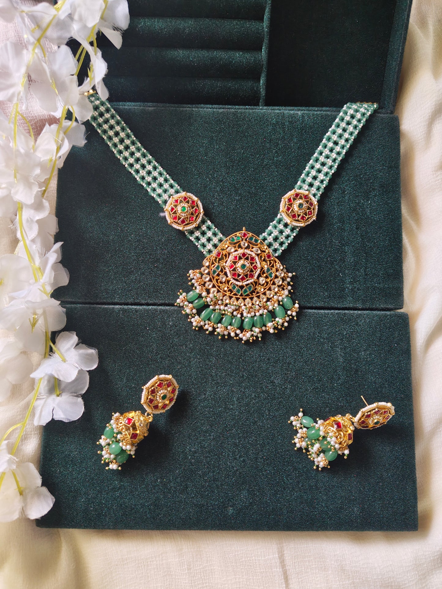 Aarunya Polki Kundan Pearl Choker Set | Green Beaded Bridal Necklace with Jhumka Earrings