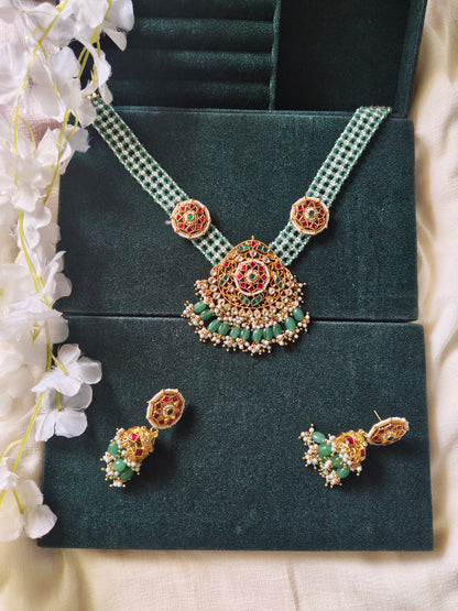 Aarunya Polki Kundan Pearl Choker Set | Green Beaded Bridal Necklace with Jhumka Earrings