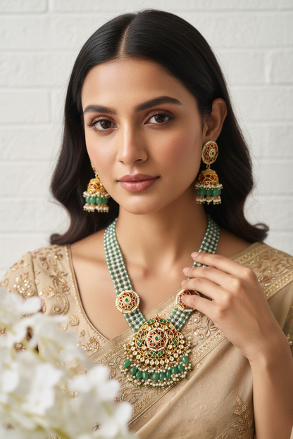 Aarunya Polki Kundan Pearl Choker Set | Green Beaded Bridal Necklace with Jhumka Earrings