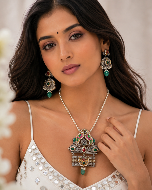 Aadhira Kundan Fusion Dualtone Long Necklace Set with Crystal Drops & Earrings | Alankrent Luxe