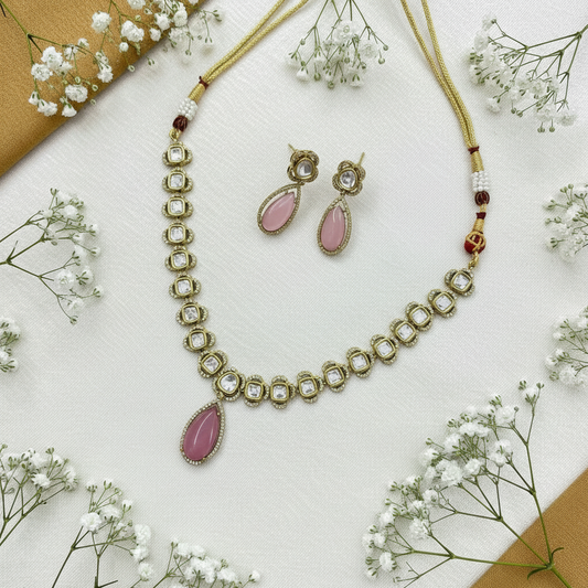 Victorian Rose Quartz Drop Necklace Set With Crystal Detailing Matching Earrings Elegant Bridal Jewellery by Alankrent