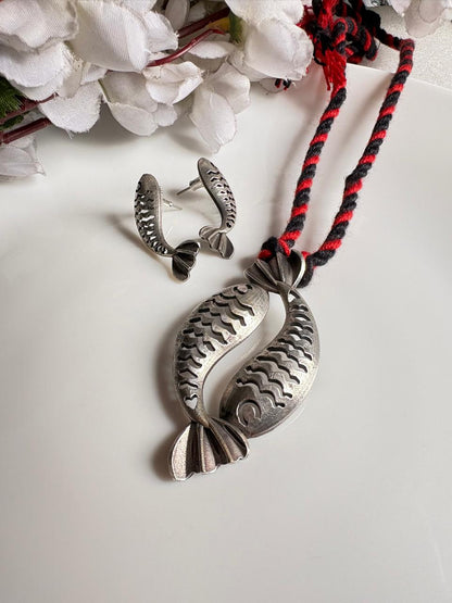 Matsyamala SLA Fish Pendant Set with Earrings | Antique Silver Fish Pendant Necklace with Colourful Thread Cord