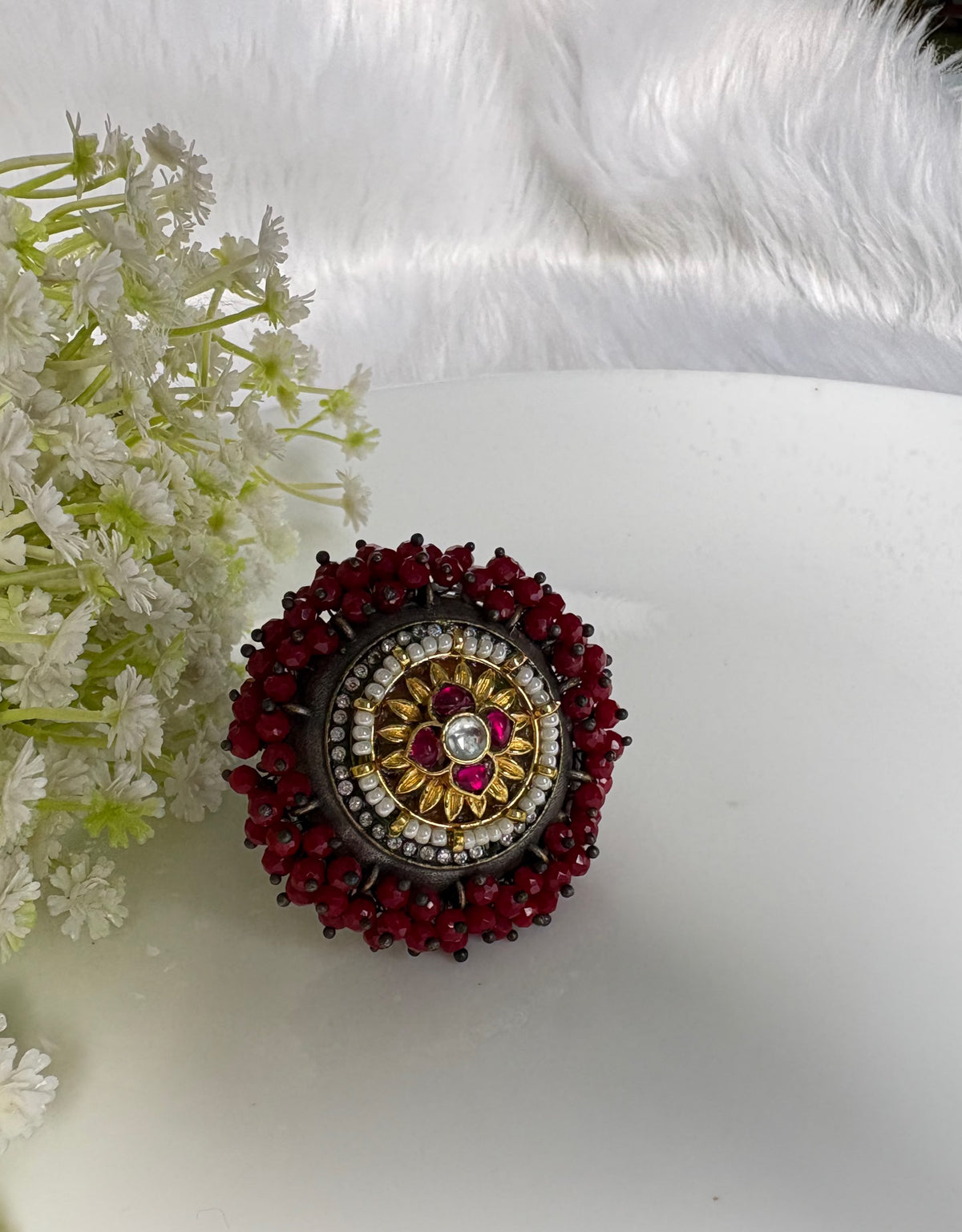Vasudha Kundan Fusion Adjustable Ring | Colourful Crystal Statement Ring
