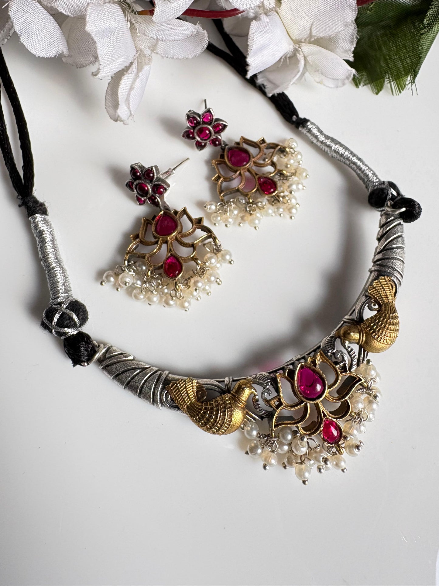 Mayurika Dualtone Thread Necklace Set with Lotus Pendant & Earrings